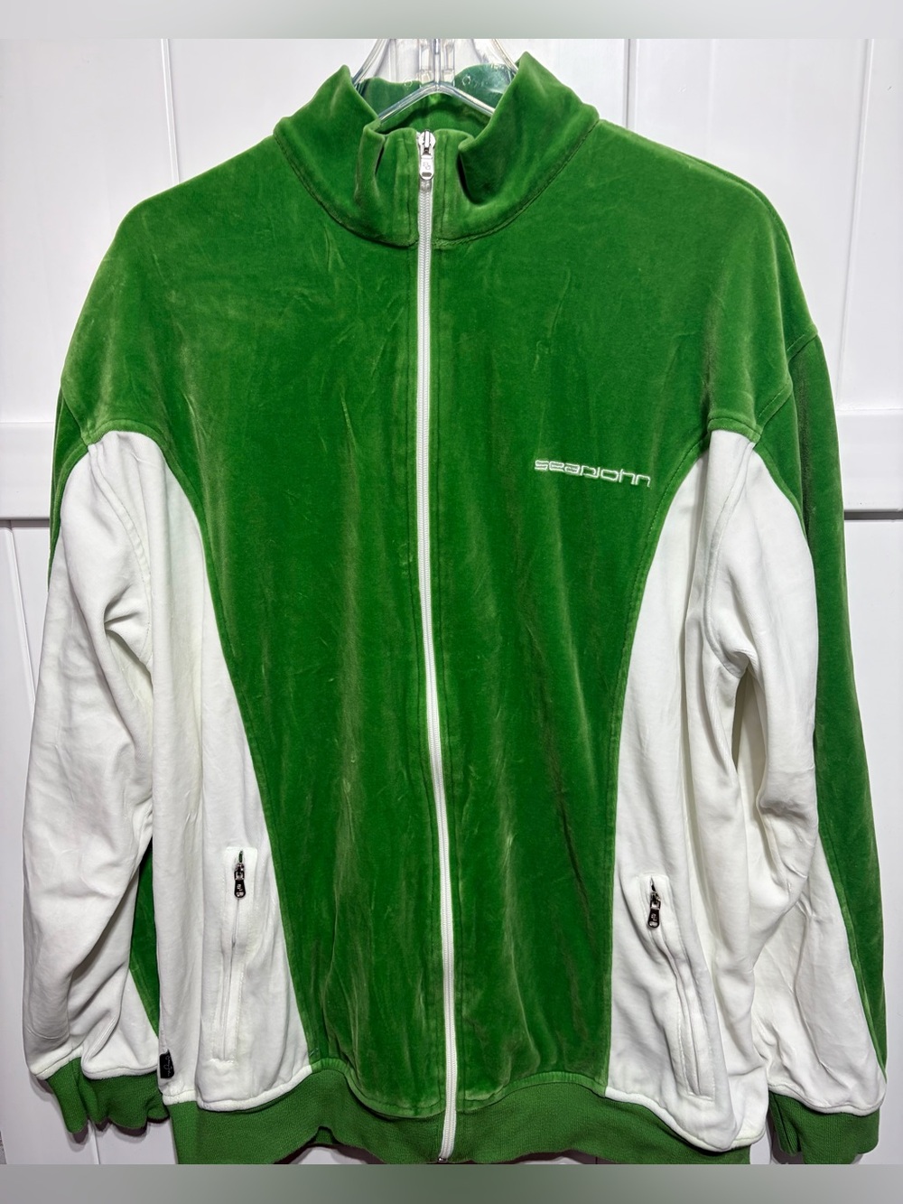 Vintage Sean John green/white full zip velour track jacket